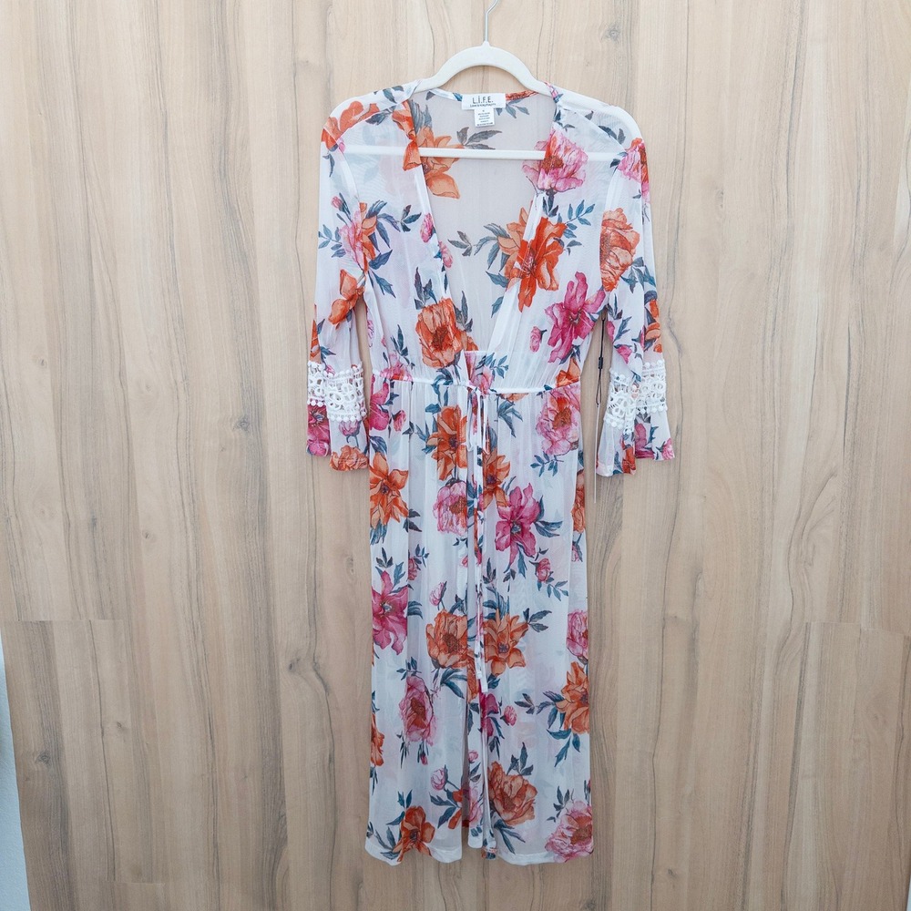 Womens Floral Sheer Coverup Duster M White Mesh Crochet Tie Front Tropical Beach